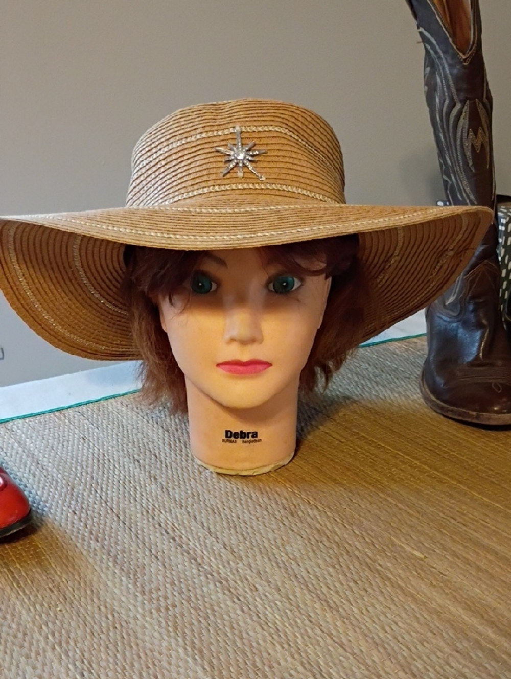 Adrienne Vittadini Natural Paper Wide Brim Hat with Rhinestone Star
